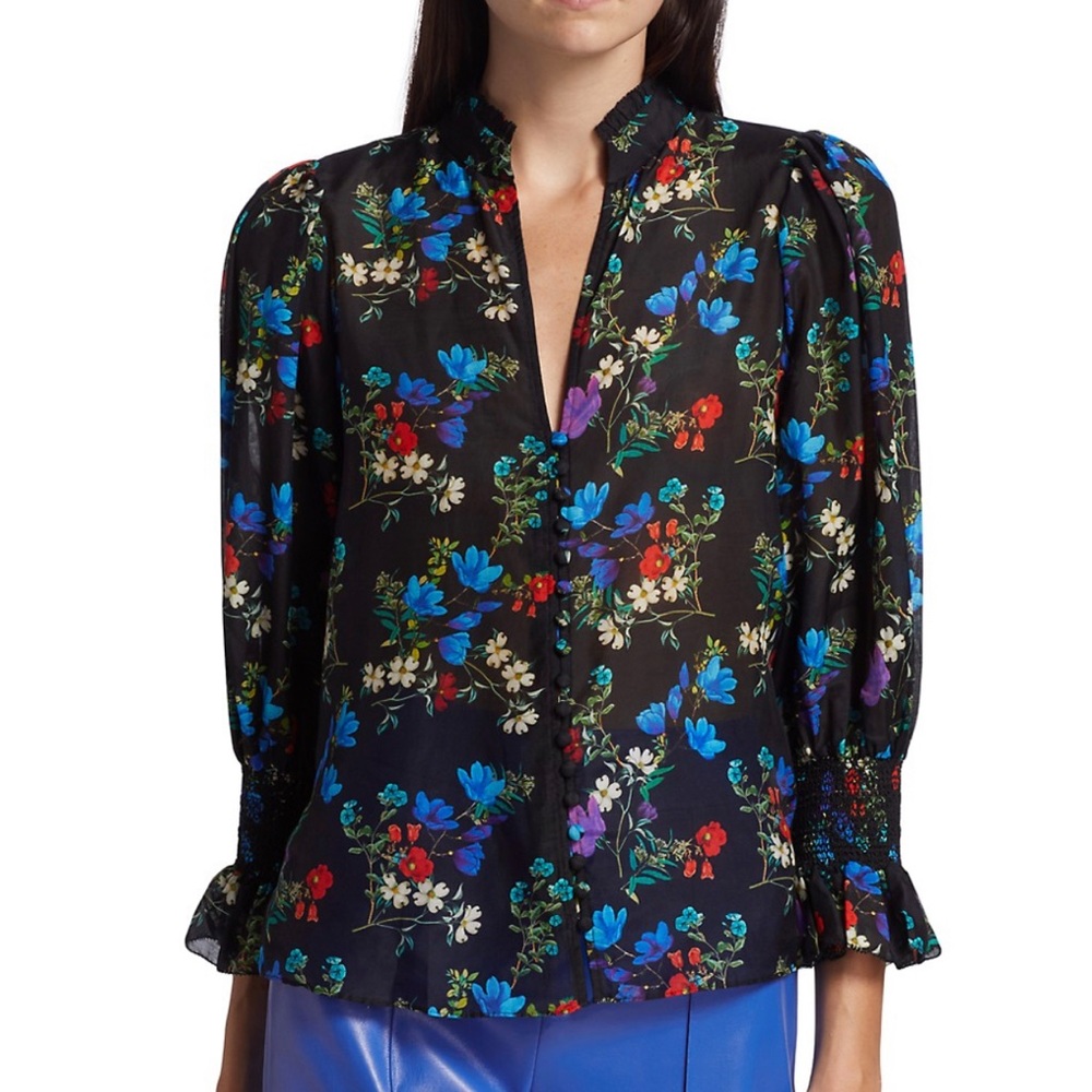 ALICE + OLIVIA ILAN FLORAL SMOCKED SLEEVE BUTTON FRONT BLOUSE